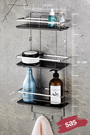 Yapışkanlı Ömür Boyu Paslanmaz Kristal Ayarlanabilir Raf Banyo Düzenleyici Şampuanlık KROM-SİYAH LŞ-