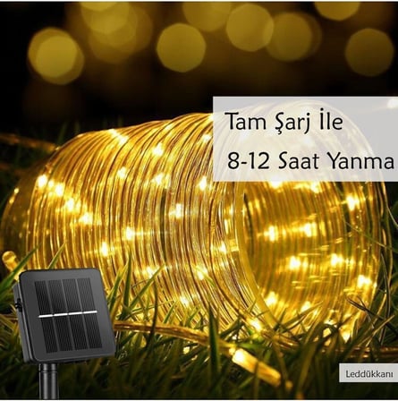 Solar Güneş Enerjili 100 Led 12 Metre Su Geçirmez Flex Boru Bahçe Balkon Işığı