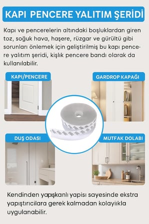 Kyrotech 5 Metre Kapı ve Pencere Bandı, Kendinden Yapışkanlı Şeffaf Silikon Fitil, PVC Kapı Pencere Contası, Duşakabin ve Cam İçin, Rüzgar, Toz, Böcek ve Ses Yalıtımı, Soğuk Geçirmez, 35 mm, ISO 9001