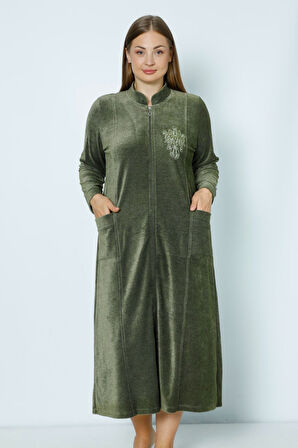 Lacivert Uzun Kollu Fermuarlı Nakışlı Kadın Büyük Beden Pamuklu Kadife Elbise