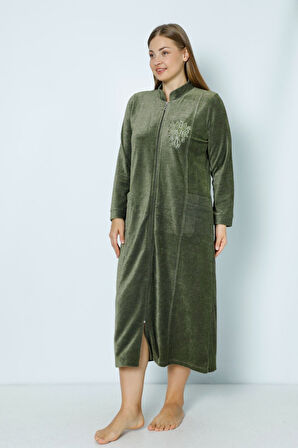 Lacivert Uzun Kollu Fermuarlı Nakışlı Kadın Büyük Beden Pamuklu Kadife Elbise