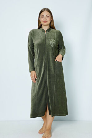 Lacivert Uzun Kollu Fermuarlı Nakışlı Kadın Büyük Beden Pamuklu Kadife Elbise