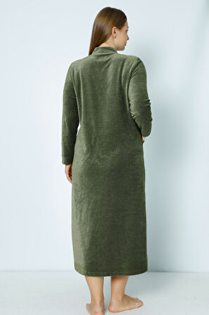 Lacivert Uzun Kollu Fermuarlı Nakışlı Kadın Büyük Beden Pamuklu Kadife Elbise