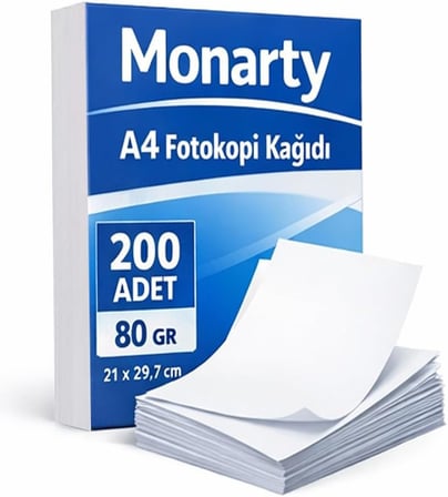 A4 Fotokopi Kağıdı, 21x29,7 cm, 200 Sayfa, Beyaz, Yazıcı ve Fotokopi Uyumlu, 90 gram