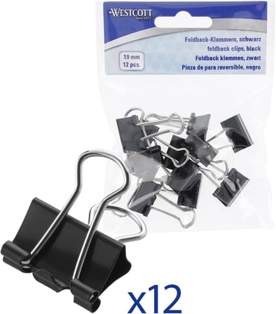 E-10711 00 katlanır mandallar, 19 mm, siyah, 12 adet, belgeler için metal mandallar, sağlam ve tekrar kullanılabilir kağıt mandalları, ofis ve ev için 19 mm kıskaçlar