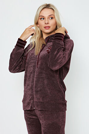 Kapüşonlu Bordo Nakış Detaylı Fermuarlı Uzun Kollu Pamuklu Kadife Kadın Alt-Üst Eşofman takımın