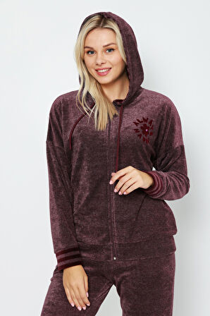 Kapüşonlu Bordo Nakış Detaylı Fermuarlı Uzun Kollu Pamuklu Kadife Kadın Alt-Üst Eşofman takımın