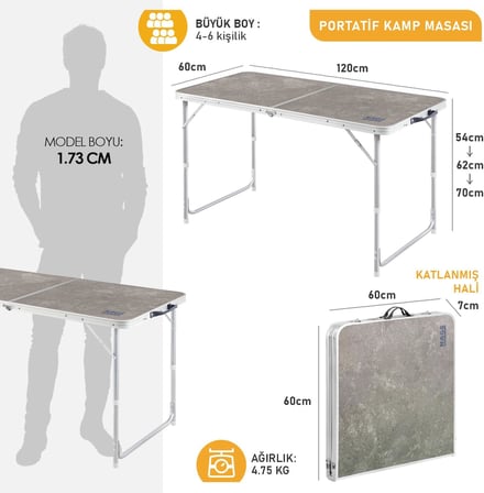 Portatif Kamp Masası, 3 Yükseklik Ayarlı, Katlanır Piknik Masası, Kolay Taşınabilir Alüminyum Masa - 120x60 - Antrasit