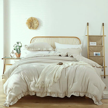 Makiteks %100 Pamuklu Fırfırlı Bej 240x220+2*(50x70) Battal Boy Nevresim ve Yastık Kılıfı