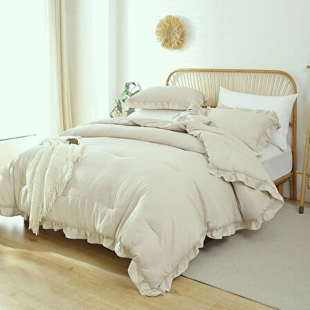 Makiteks %100 Pamuklu Fırfırlı Bej 240x220+2*(50x70) Battal Boy Nevresim ve Yastık Kılıfı