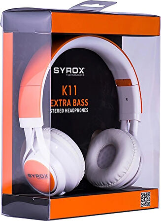 Syrox K11 Extra Bass 1.50mt 3.5mm AUX Kablolu Mikrofonlu Kulak Üstü Kulaklık - Turuncu-Beyaz