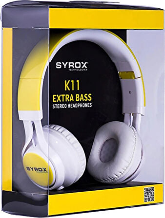 Syrox K11 Extra Bass 1.50mt 3.5mm AUX Kablolu Mikrofonlu Kulak Üstü Kulaklık - Sarı-Beyaz