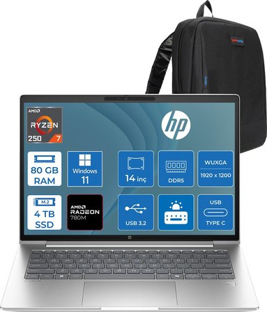 Hp Probook 4 G1A 14 Amd Ryzen™ 7 250 80GB Ddr5 4tb SSD 14" Inch Amd Radeon™ 780M Wuxga (1920X1200) IPS 300NITS WIN11HOME Taşınabilir Bilgisayar D36KHETH30+ZETTAÇANTA