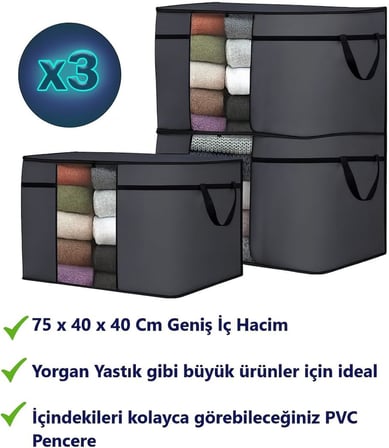 3 Adet Pencereli Yastık Saklama Hurcu - Mega Boy Yorgan Hurç Organizer Düzenleyici - 75 X 40 X 40 Cm (Antrasit)