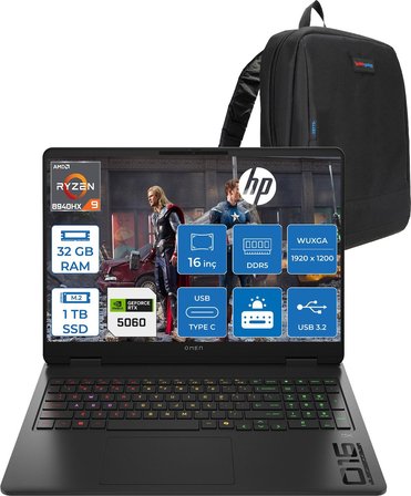 Hp Omen Gaming Laptop 16-AP0029NT Amd Ryzen™ 9 8940HX 32GB Ddr5 1tb SSD 16" Inch 8GB/RTX5060 2k (1920 x 1200),144 Hz, Ips, 300NIT Freedos Gaming Bilgisayar C3YN8EAF13+ZETTAÇANTA