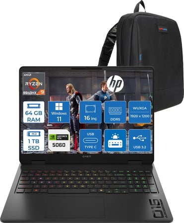 Hp Omen Gaming Laptop 16-AP0029NT Amd Ryzen™ 9 8940HX 64GB Ddr5 1tb SSD 16" Inch 8GB/RTX5060 2k (1920 x 1200),144 Hz, Ips, 300NIT WIN11HOME Gaming Bilgisayar C3YN8EAH23+ZETTAÇANTA