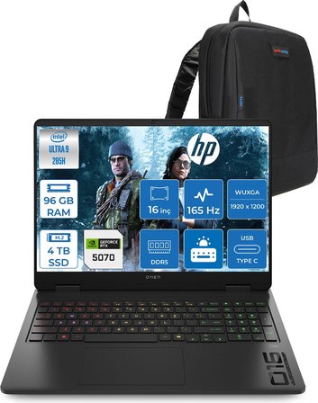 Hp Omen Slim Gaming Intel® Core Ultra 9 285H 96GB Ddr5 4tb SSD 16" Inch 8GB/RTX5070 2k (1920 x 1200),165 Hz, 3ms IPS 400NITS 100% Srgb Freedos Gaming Bilgisayar CD7K0EAF35+ZETTAÇANTA