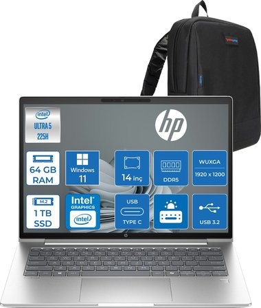 Hp Probook 4 G1I Intel Ultra5 225H 64GB Ddr5 1tb SSD 14" Inch Intel® Arc™ 130T Gpu Wuxga (1920X1200) IPS 300NITS WIN11PRO Taşınabilir Bilgisayar D29QJETP23+ZETTAÇANTA