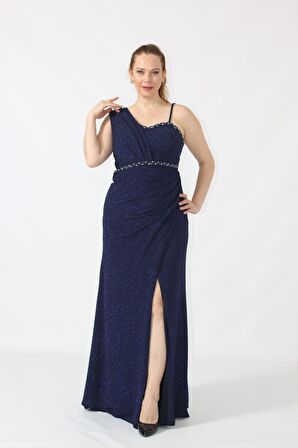 2402 Tek Omuzu Kalın Simli Kumaş Beli İşlemeli Yırtmaçlı Abiye