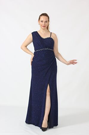 2402 Tek Omuzu Kalın Simli Kumaş Beli İşlemeli Yırtmaçlı Abiye