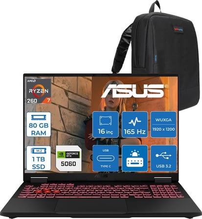 Asus Tuf Gaming A16 (FA608UM-GAMING) Amd Ryzen™ 7 260 Aı 80GB Ddr5 1tb SSD RTX5060/8GB 115W FHD+16"(1920 x 1200, Wuxga) 3ms 300NITS 165Hz Srgb %100 Freedos Gaming Bilgisayar ZRV131F28+ZETTAÇANTA