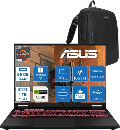 Asus Tuf Gaming A16 (FA608UM-GAMING) Amd Ryzen™ 7 260 Aı 96GB Ddr5 1tb SSD RTX5060/8GB 115W FHD+16"(1920 x 1200, Wuxga) 3ms 300NITS 165Hz Srgb %100 WIN11HOME Gaming Bilgisayar ZRV131H33+ZETTAÇANTA
