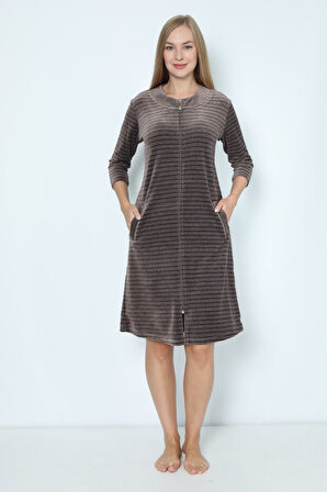 Kadın Fermuarlı Çizgi Desenli Pamuklu Kadife Elbise