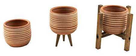 Ev Dekorasyon Beyaz Çizgi Desenli Terakota Toprak Saksı Saksılık Salon Çiçeklik Üçlü Set 12 Cm