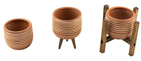 Ev Dekorasyon Beyaz Çizgi Desenli Terakota Toprak Saksı Saksılık Salon Çiçeklik Üçlü Set 12 Cm