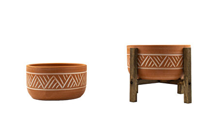 Ev Dekorasyon Terakota Hitit Desenli Toprak Aranjman ve Bonzai Saksı Ayaksız ve 4 Ayaklı İkili Set