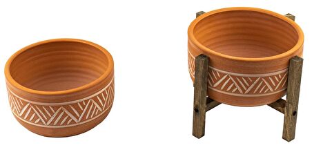 Ev Dekorasyon Terakota Hitit Desenli Toprak Aranjman ve Bonzai Saksı Ayaksız ve 4 Ayaklı İkili Set