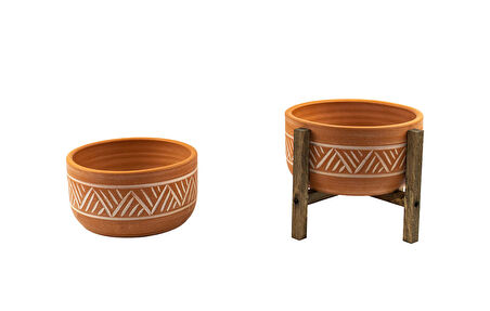 Ev Dekorasyon Terakota Hitit Desenli Toprak Aranjman ve Bonzai Saksı Ayaksız ve 4 Ayaklı İkili Set