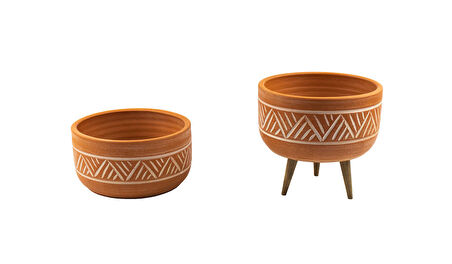 Ev Dekorasyon Terakota Hitit Desenli Toprak Aranjman ve Bonzai Saksı Ayaksız ve 3 Ayaklı İkili Set