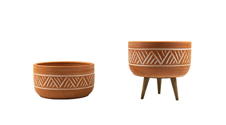 Ev Dekorasyon Terakota Hitit Desenli Toprak Aranjman ve Bonzai Saksı Ayaksız ve 3 Ayaklı İkili Set