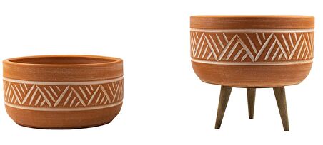 Ev Dekorasyon Terakota Hitit Desenli Toprak Aranjman ve Bonzai Saksı Ayaksız ve 3 Ayaklı İkili Set