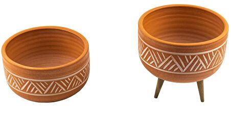 Ev Dekorasyon Terakota Hitit Desenli Toprak Aranjman ve Bonzai Saksı Ayaksız ve 3 Ayaklı İkili Set