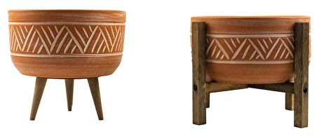 Ev Dekorasyon Terakota Hitit Desenli Toprak Aranjman ve Bonzai Saksı 3 ve 4 Ayaklı İkili Set