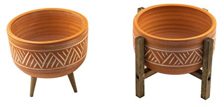 Ev Dekorasyon Terakota Hitit Desenli Toprak Aranjman ve Bonzai Saksı 3 ve 4 Ayaklı İkili Set