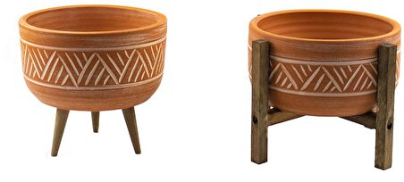 Ev Dekorasyon Terakota Hitit Desenli Toprak Aranjman ve Bonzai Saksı 3 ve 4 Ayaklı İkili Set