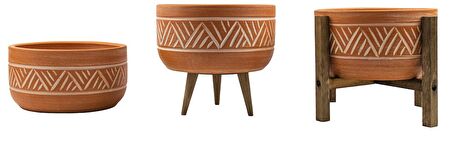 Ev Dekorasyon Terakota Hitit Desenli Toprak Aranjman ve Bonzai Saksı Üçlü Set