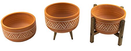 Ev Dekorasyon Terakota Hitit Desenli Toprak Aranjman ve Bonzai Saksı Üçlü Set