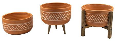 Ev Dekorasyon Terakota Hitit Desenli Toprak Aranjman ve Bonzai Saksı Üçlü Set