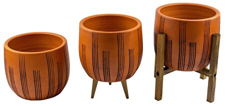 Ev Dekorasyon Aksesuar Siyah Çizgi Desenli Toprak Saksı Saksılık Salon Çiçeklik Üçlü Set - 19 CM