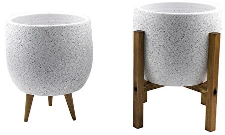 Bitki Tasarımı Ev Dekorasyon Aksesuar Beyaz Granit Toprak Saksı Saksılık Salon Çiçeklik İkili Set 3 Ayaklı- 4 Ayaklı- 19 CM