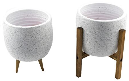Bitki Tasarımı Ev Dekorasyon Aksesuar Beyaz Granit Toprak Saksı Saksılık Salon Çiçeklik İkili Set 3 Ayaklı- 4 Ayaklı- 19 CM