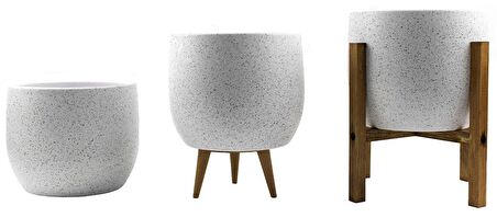 Bitki Tasarımı Ev Dekorasyon Aksesuar Beyaz Granit Toprak Saksı Saksılık Salon Çiçeklik Üçlü Set- 19 CM