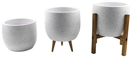 Bitki Tasarımı Ev Dekorasyon Aksesuar Beyaz Granit Toprak Saksı Saksılık Salon Çiçeklik Üçlü Set- 19 CM