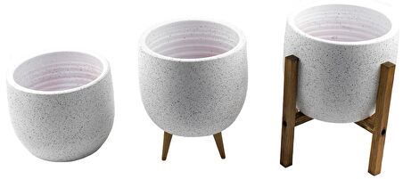 Bitki Tasarımı Ev Dekorasyon Aksesuar Beyaz Granit Toprak Saksı Saksılık Salon Çiçeklik Üçlü Set- 19 CM