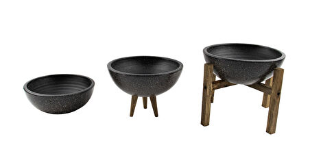 Ev Dekorasyon Siyah Granit Aranjman Sunumluk Toprak Saksı Üçlü Set 20 Cm Çap