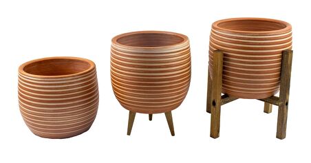 Bitki Tasarımı Ev Dekorasyon Yan Çizgi Desenli Toprak Saksı Saksılık Salon Çiçeklik Üçlü Set - 19 CM
